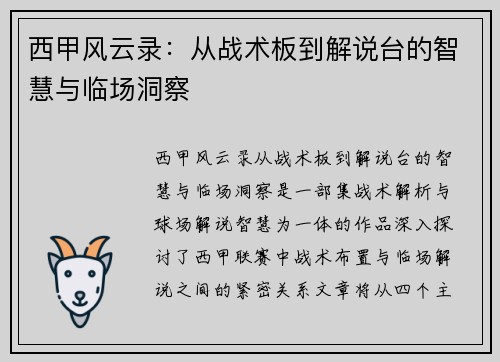 西甲风云录：从战术板到解说台的智慧与临场洞察