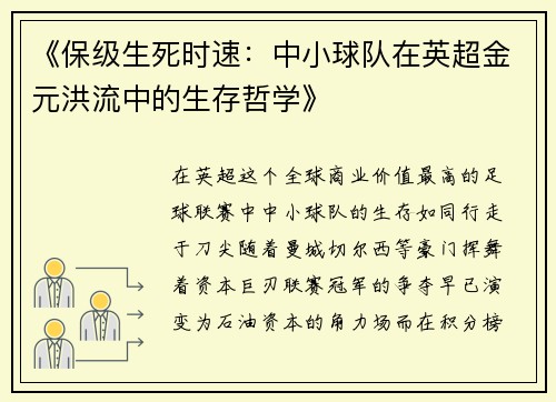 《保级生死时速：中小球队在英超金元洪流中的生存哲学》